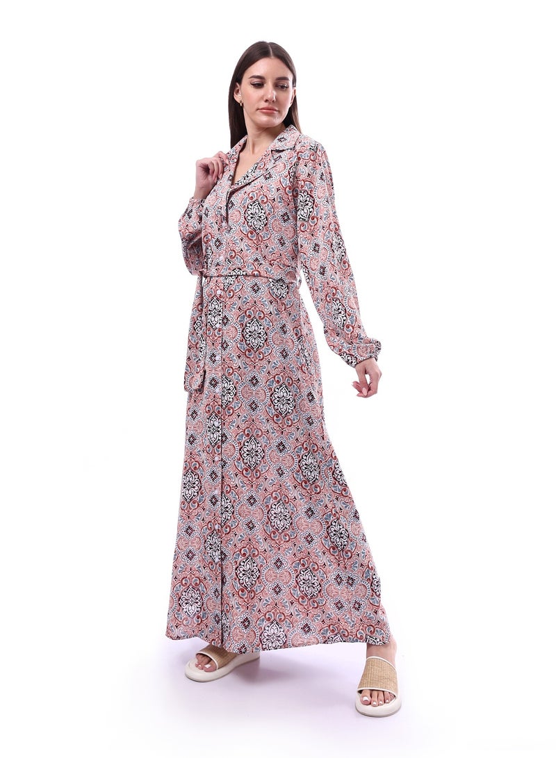 Andora Belted Patterned Maxi Dress With Notched Collar _ Kashmir & White - Image 2
