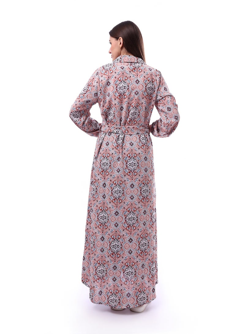 Andora Belted Patterned Maxi Dress With Notched Collar _ Kashmir & White - Image 3