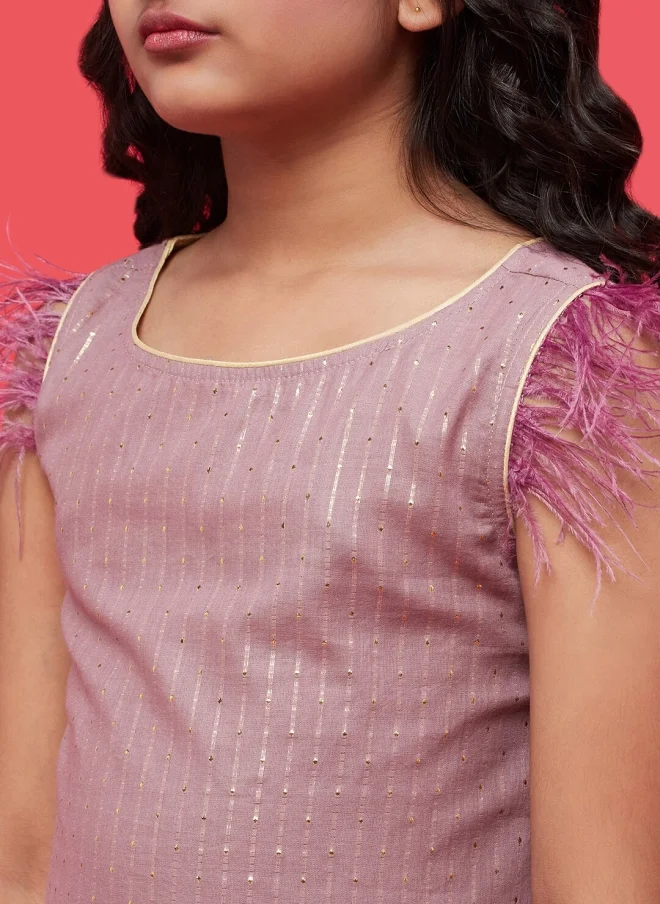 AKS Brown Woven Design Kurta Set With Dupatta For Girls