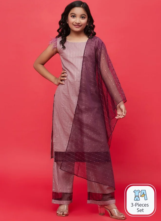AKS Brown Woven Design Kurta Set With Dupatta For Girls