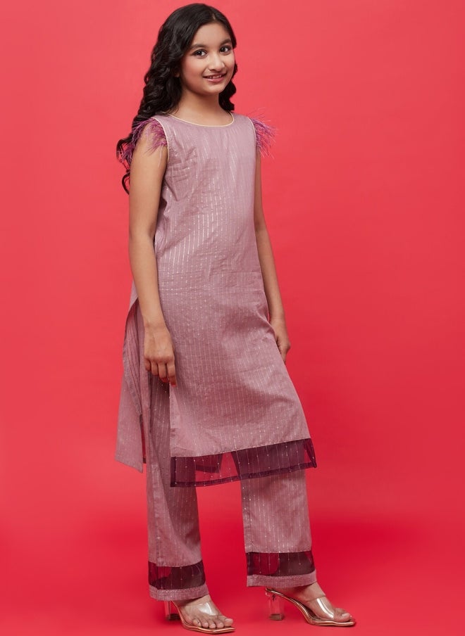 أيه كيه إس طقم كورتا بناتي بتصميم منسوج باللون البني مع دوباتا - Image 5