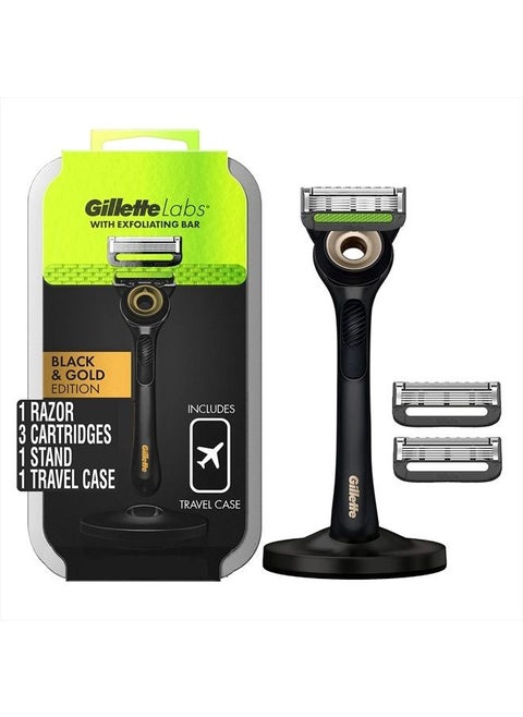 Razor for Men with Exfoliating Bar Gold Edition by GilletteLabs, Includes 1 Handle, 3 Razor Blade Refills, 1 Travel Case, 1 Premium Magnetic Stand