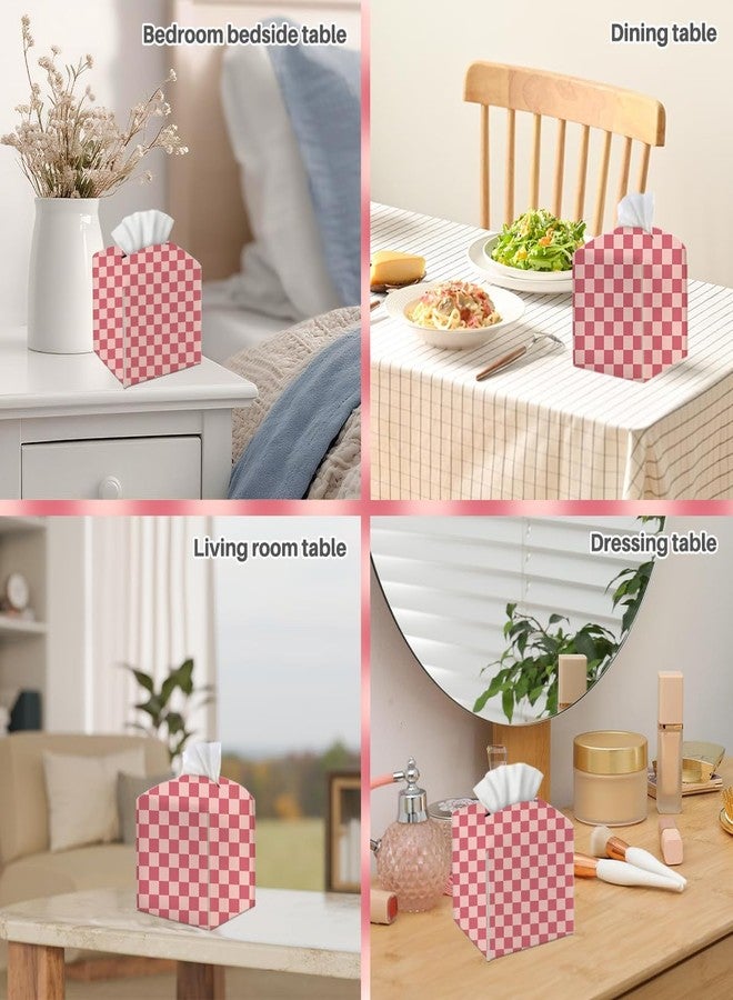 XLRSDF Tissue Box Cover, Tissue Box Holder, Square PU Leather Aesthetic Pink Checkered Desk Decor for Room, Home, Office, Bedroom, Tabletop, Countertop, Car, Dresser, Plaid Tissues Cube Boxes Holder - Image 5