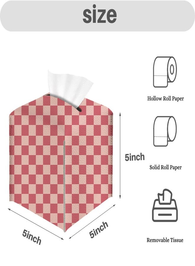 XLRSDF Tissue Box Cover, Tissue Box Holder, Square PU Leather Aesthetic Pink Checkered Desk Decor for Room, Home, Office, Bedroom, Tabletop, Countertop, Car, Dresser, Plaid Tissues Cube Boxes Holder - Image 2