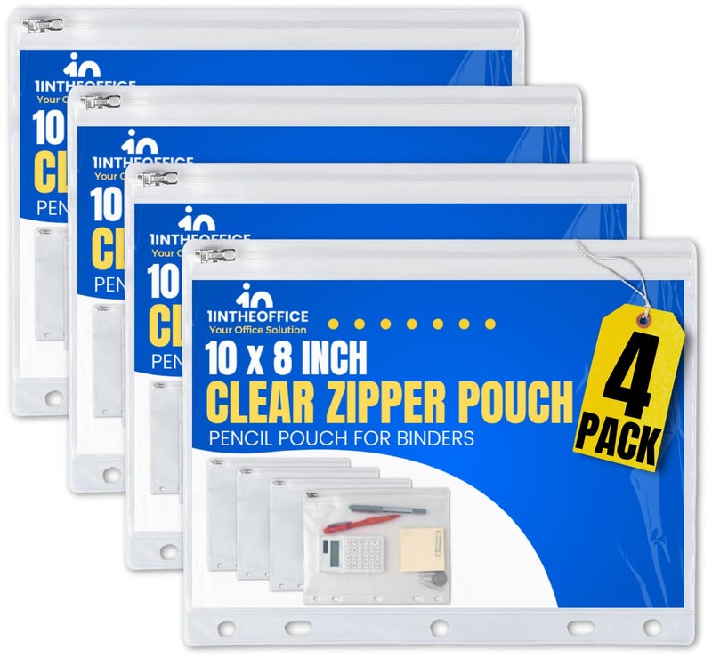 1InTheOffice Pencil Pouch for 3 Ring Binder, Binder Pencil Pouch, Zipper Pencil Pouch, 10" x 8", Clear, 4 Pack - Image 1