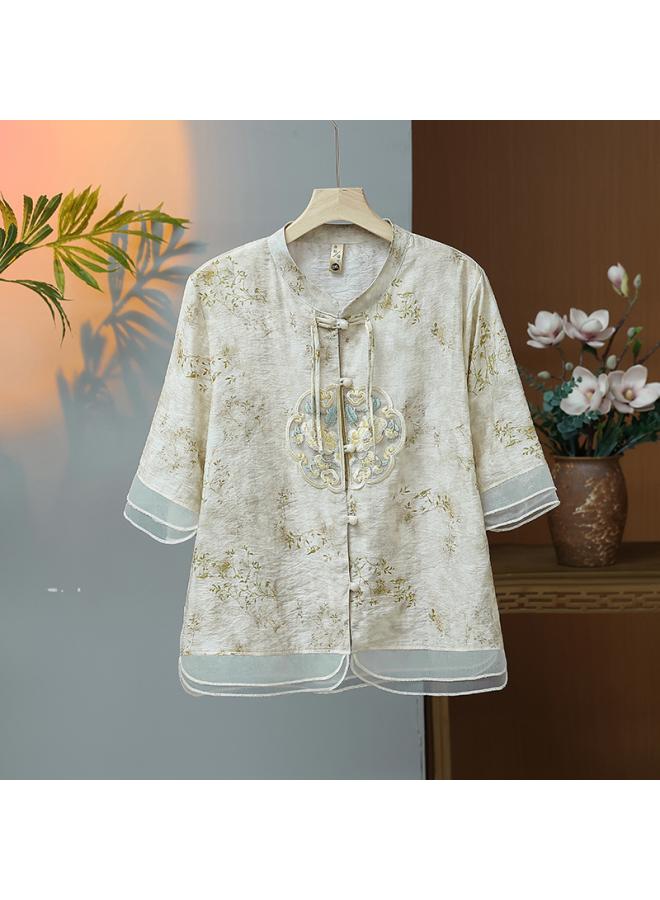 Mom New Chiffon Shirt New Chinese Women's Short Sleeve Top Middle-aged Women's Spring And Summer National Style Small Shirt