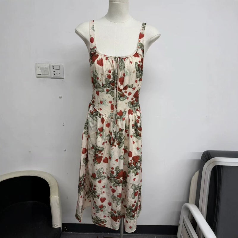 Strawberry Print Midi Dress for Women - Sleeveless, Tie Waist, Summer 2026 - Image 3