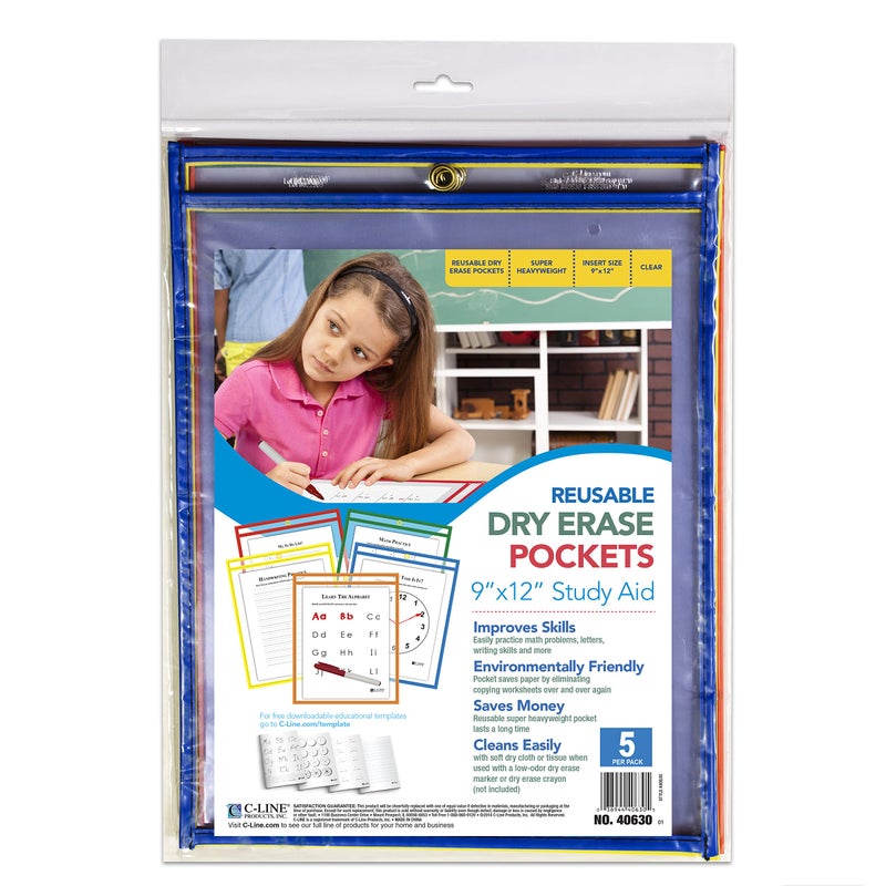 C-Line Reusable Dry Erase Pockets, 9 x 12 Inches, Assorted Primary Colors, 5 Pockets per Pack (40630) - Image 2