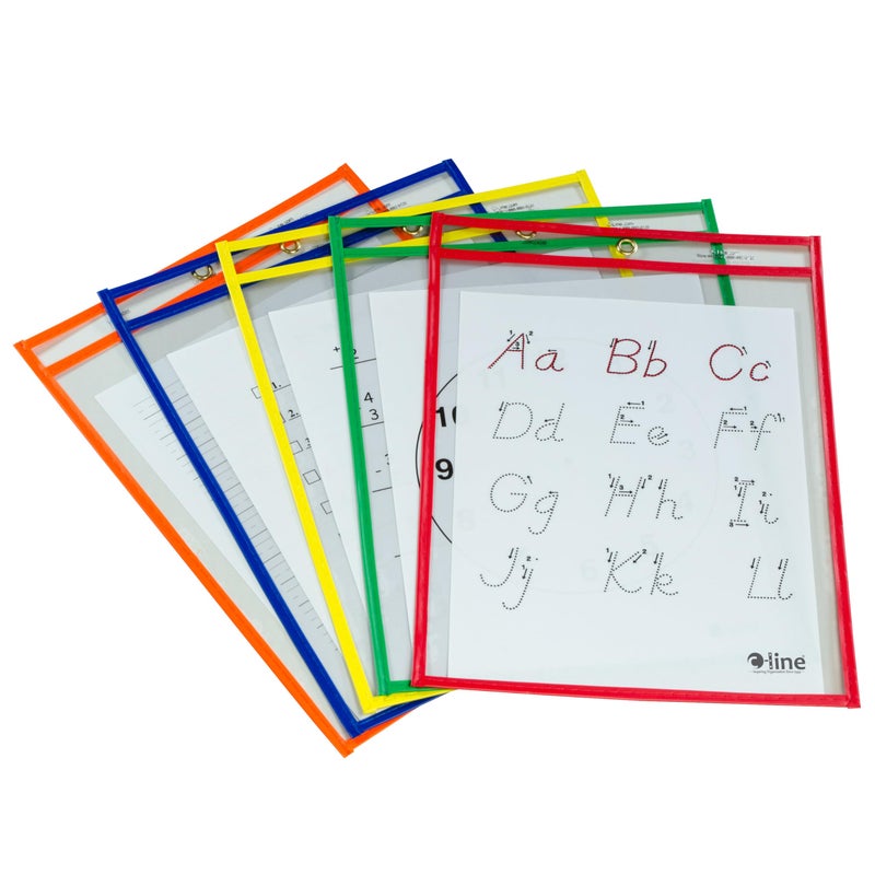 C-Line Reusable Dry Erase Pockets, 9 x 12 Inches, Assorted Primary Colors, 5 Pockets per Pack (40630) - Image 1