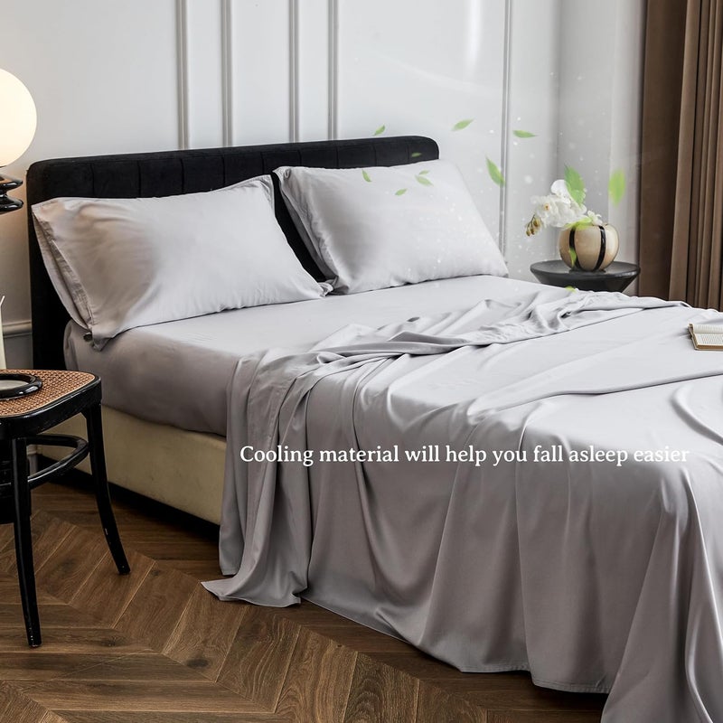 Simple&Opulence 100% Viscose from Bamboo Sheet Set 3Pcs, Cooling for Hot Sleepers, Soft Breathable Bed Sheets Set, 15" (38cm) Deep Pockets, Luxury Hotel Silky Bedding Sheets (Grey,Twin) - Image 3