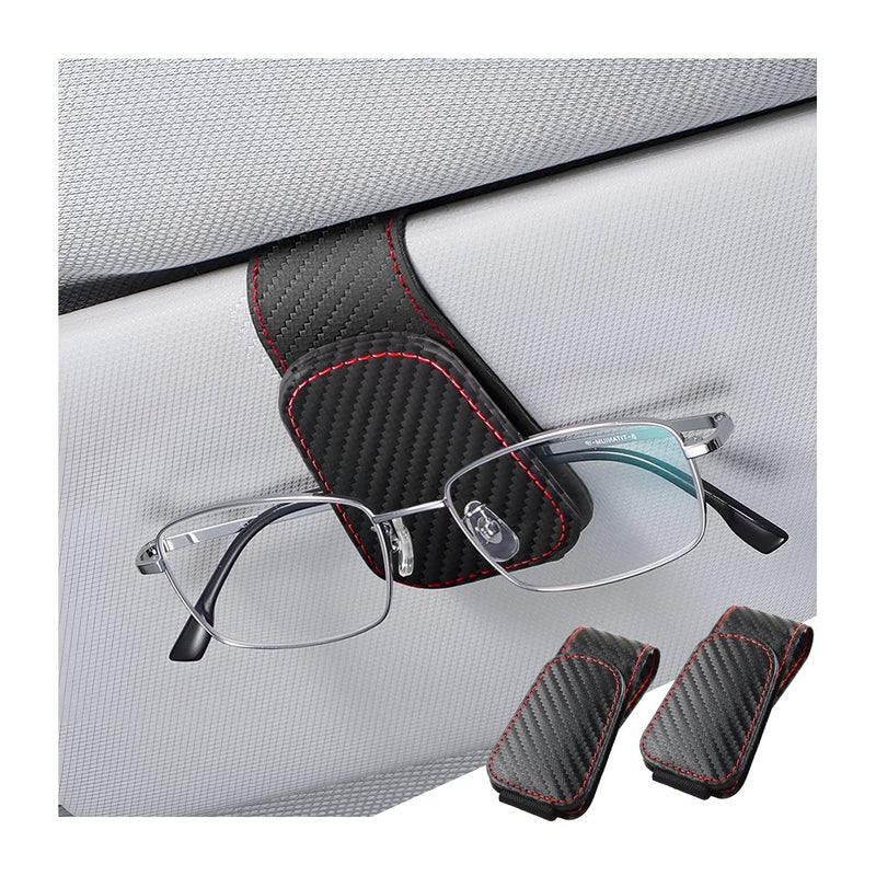 Sunglasses Holder for Car Sun Visor 2 PCS Magnetic Leather Eyeglass Hanger Sun Glasses Mount Clip on Visors Ticket Card Cash Organizer Auto Interior Accessories Carbon Fiber