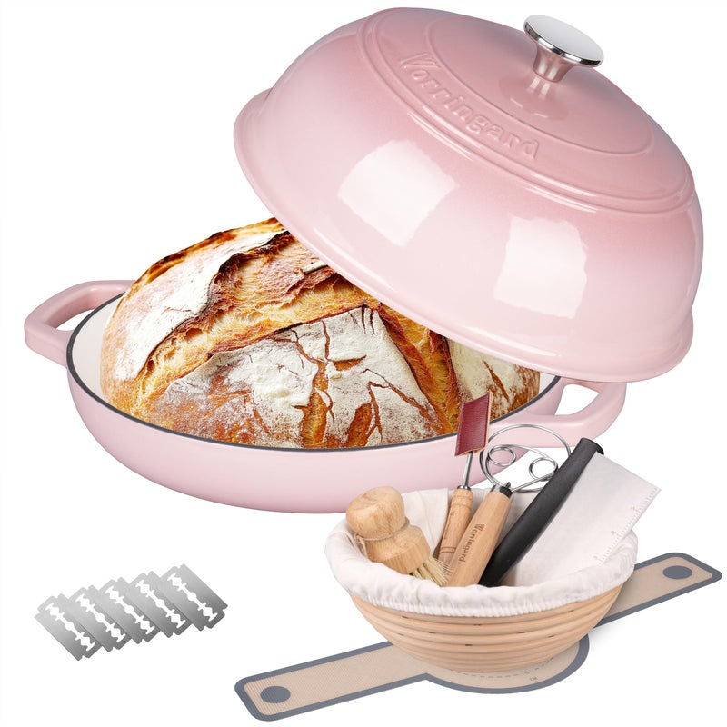 VORRINGARD Enameled Cast Iron Dutch Oven Pot with Lid, Bread Oven for Sourdough Bread Baking, Dutch Ovens with Bread Proofing Basket& Baking Supplies Set, 6 Quart, Pink - Image 1