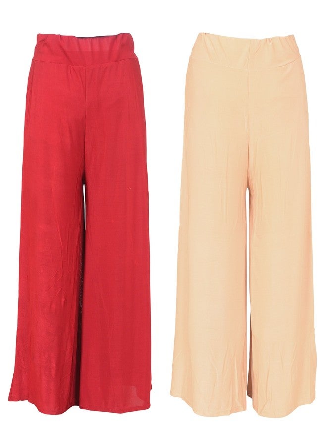 Malvina Combo of stretchable Designer Plain Casual Wear Red and Beige Palazzo Pant For Girl's - Free Size - Image 2