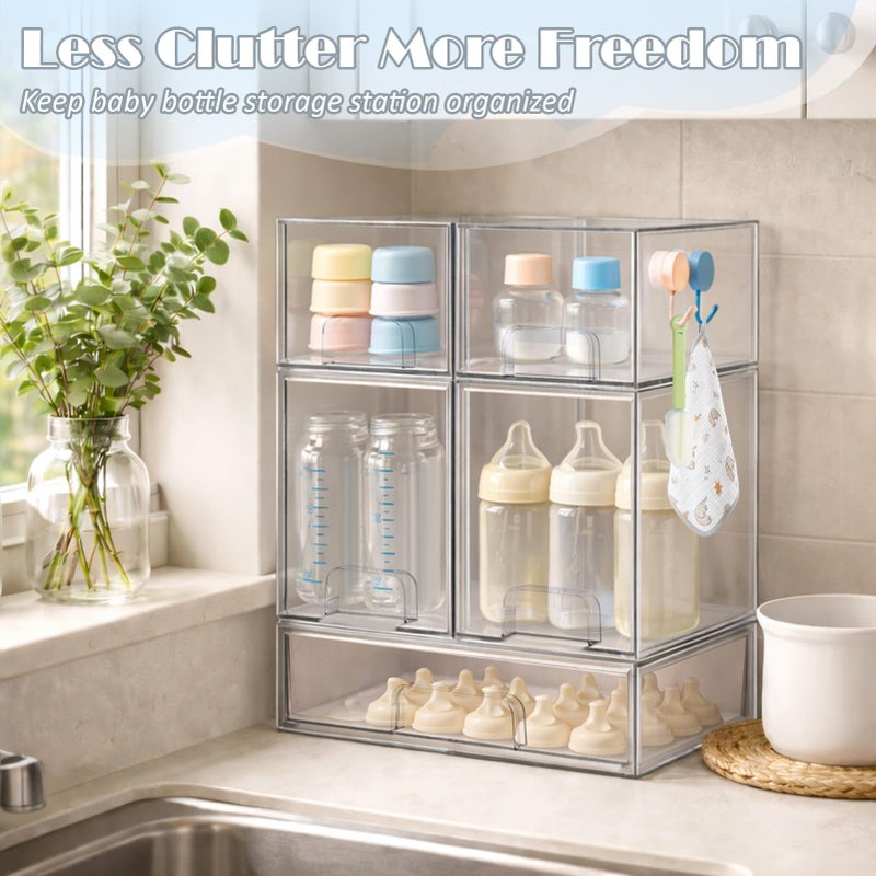 zebrater Baby Bottle Organizer-5 Pack Stackable Storage Drawers, Baby Organizers and Storage with Hooks, Clear Acrylic Multipurpose Bottle Storage for Countertop,Kitchen,Cabinet,Vanity,Bathroom - Image 4
