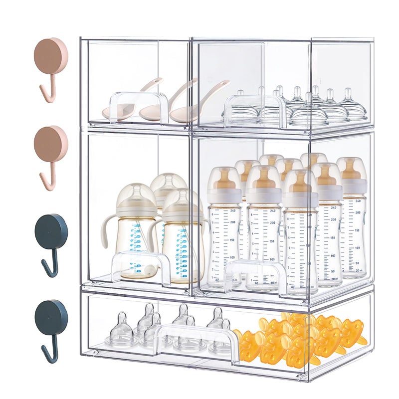 zebrater Baby Bottle Organizer-5 Pack Stackable Storage Drawers, Baby Organizers and Storage with Hooks, Clear Acrylic Multipurpose Bottle Storage for Countertop,Kitchen,Cabinet,Vanity,Bathroom - Image 1