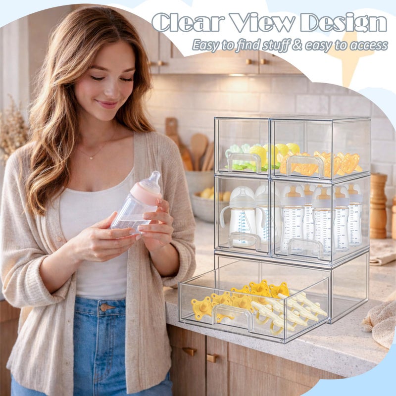 zebrater Baby Bottle Organizer-5 Pack Stackable Storage Drawers, Baby Organizers and Storage with Hooks, Clear Acrylic Multipurpose Bottle Storage for Countertop,Kitchen,Cabinet,Vanity,Bathroom - Image 5