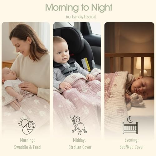 HardNok 6-Layer Muslin Baby Blanket Made with Organic Cotton - Cute Bunny Rabbit Jacquard Swaddle & Crib Quilt, 43”x 43”,Blush Pink Bunny - Image 4