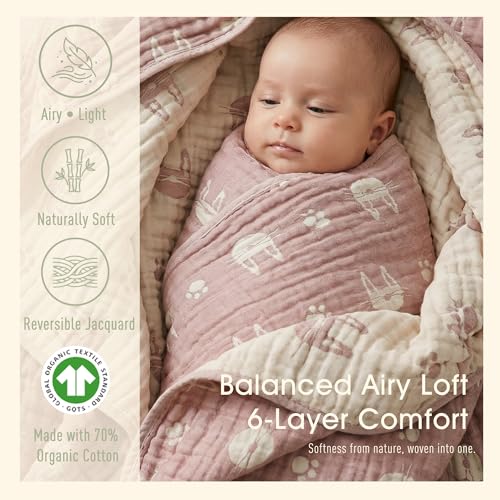 HardNok 6-Layer Muslin Baby Blanket Made with Organic Cotton - Cute Bunny Rabbit Jacquard Swaddle & Crib Quilt, 43”x 43”,Blush Pink Bunny - Image 3