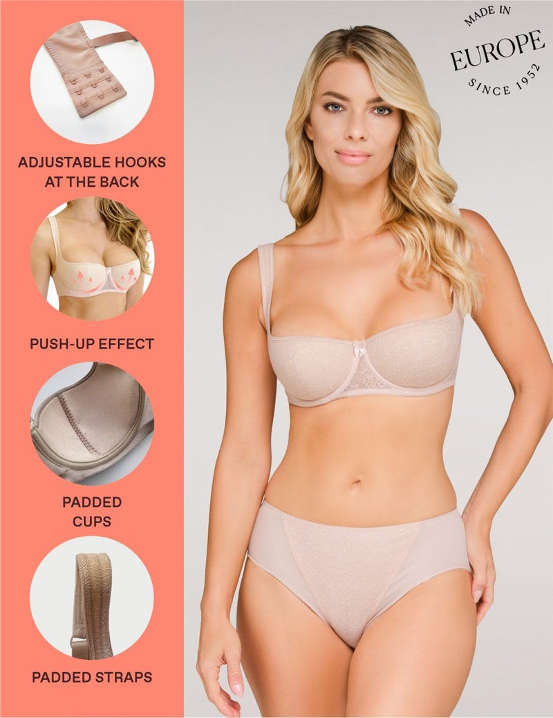 Rosme Women's Balconette Bra with Push Up Effect – Plus Size Sexy Lace Demi Half Cup Bra – Lightly Padded Underwired Low Cut Mesh Design Grand, Beige, Size 32C - Image 5