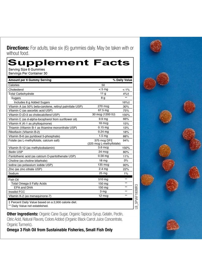 SmartyPants Daily Multivitamin for Men & Women: Daily Gummies for Adults with Vitamin B12, C, D3, E, & K - With Omega 3 Fish Oil (DHA/EPA), Iodine, Choline - 180 Count (30 Day Supply) - Image 3