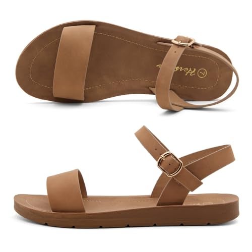 Herstyle Flat Sandals for Women – Open Toe One Band Ankle Strap Summer Dressy Sandals, Lightweight Casual Strappy Slip-On Flats with Adjustable Buckle, Tan, Size 11.0, Monday - Image 4