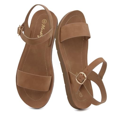 Herstyle Flat Sandals for Women – Open Toe One Band Ankle Strap Summer Dressy Sandals, Lightweight Casual Strappy Slip-On Flats with Adjustable Buckle, Tan, Size 11.0, Monday - Image 2