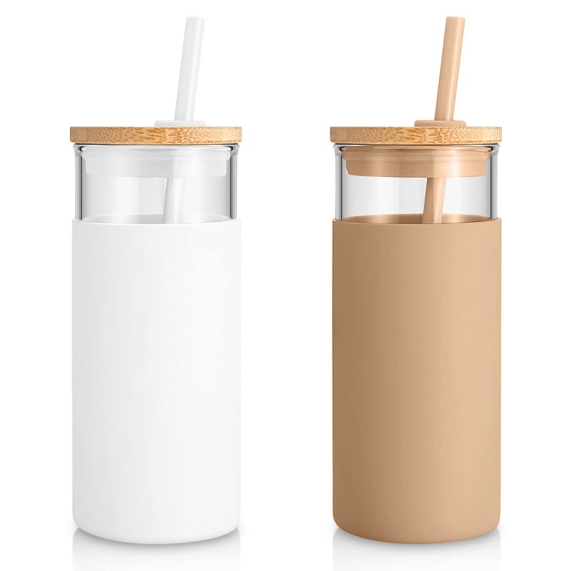 Tronco 20 oz Glass Tumbler Glass Water Bottle Straw Silicone Protective Sleeve Bamboo Lid  BPA Free  White Amber 2 Pack