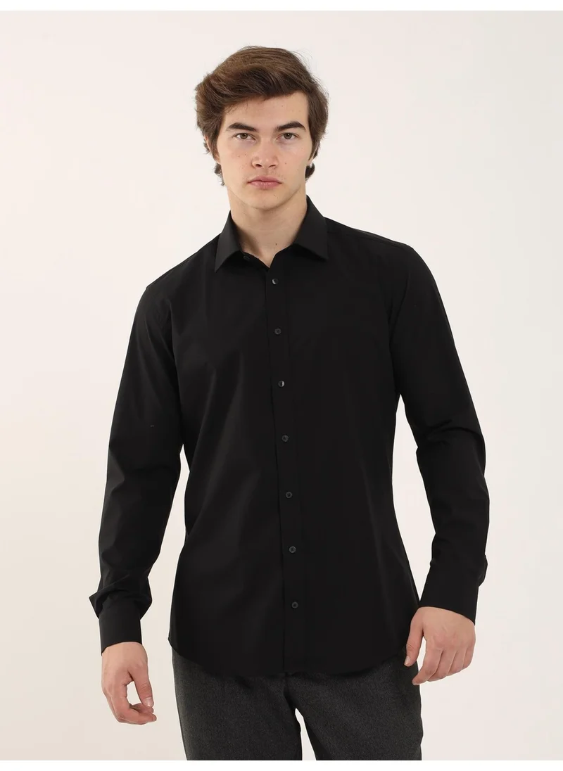 Dufy Black Men's Slim Fit Classic Collar Long Sleeve Shirt