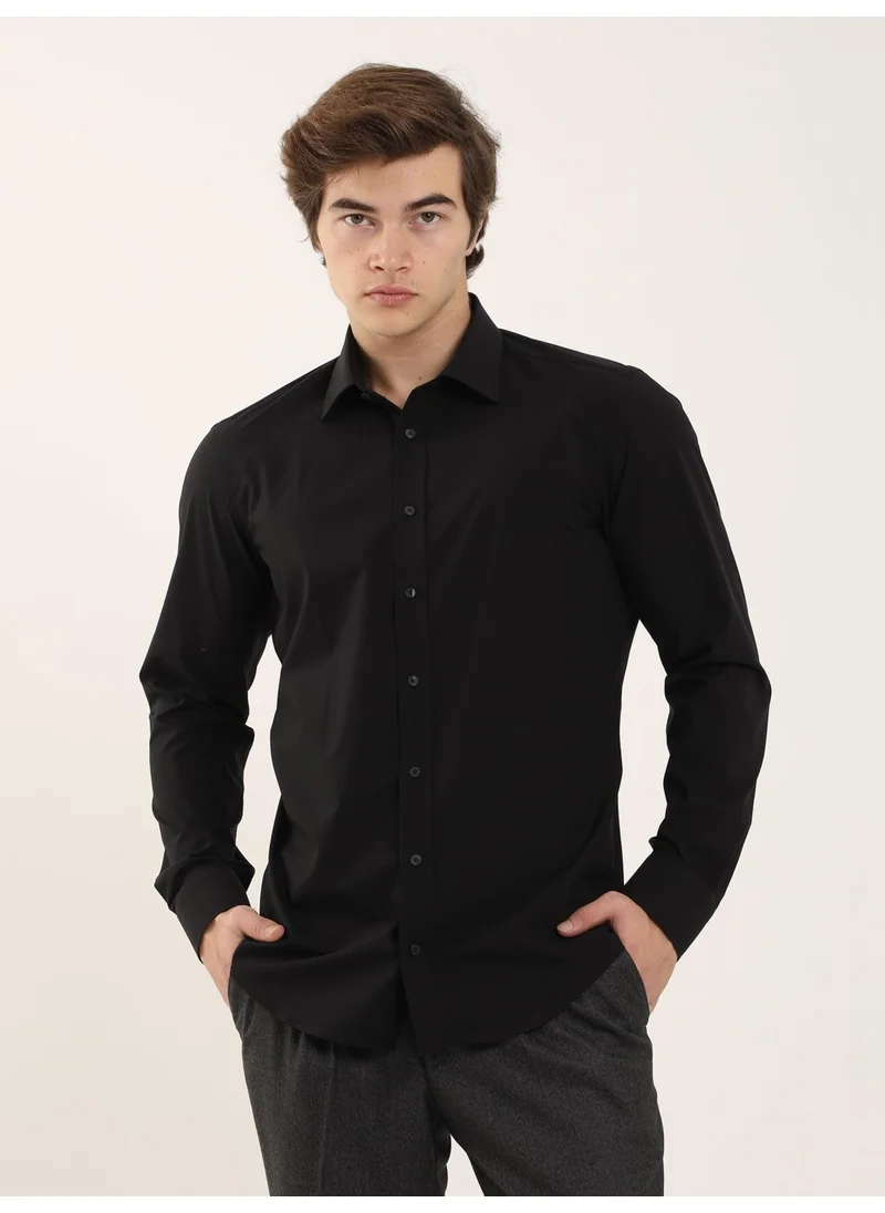 Dufy Black Men's Slim Fit Classic Collar Long Sleeve Shirt