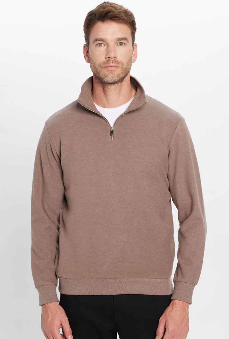 Tudors Relax Fit Comfortable Cut Ribbed Patterned Cotton Half Zipper Brown Stand Collar Sweatshirt