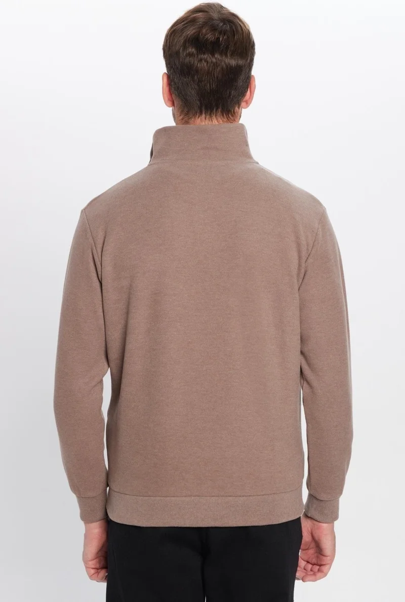 Tudors Relax Fit Comfortable Cut Ribbed Patterned Cotton Half Zipper Brown Stand Collar Sweatshirt