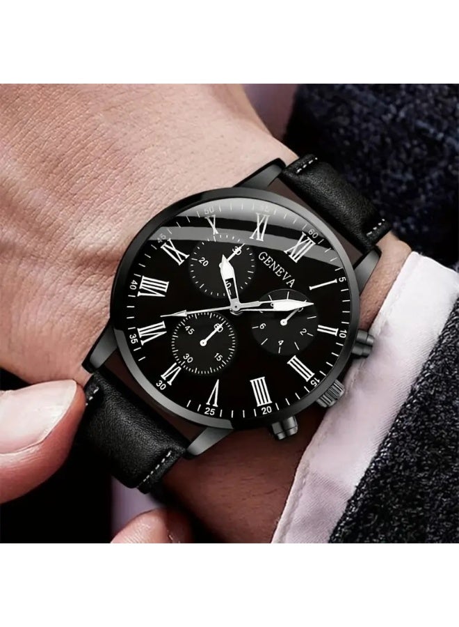 Geneva Men's Quartz Watch Genuine Leather Strap Shockproof Round Case Business Fashion Calendar Elegant - Image 2