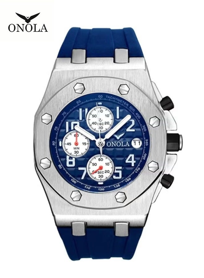 ONOLA ​​ONOLA Original Design Men's Sports Watch - Blue Dial with Octagonal Bezel, Triple Sub-Dial Chronograph, Rubber Strap, 30M Water Resistance, Modern Athletic Style for Daily & Casual Wear​​ - Image 1