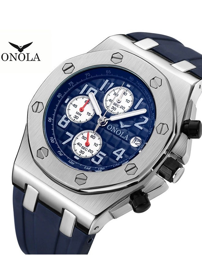 ONOLA ​​ONOLA Original Design Men's Sports Watch - Blue Dial with Octagonal Bezel, Triple Sub-Dial Chronograph, Rubber Strap, 30M Water Resistance, Modern Athletic Style for Daily & Casual Wear​​ - Image 2
