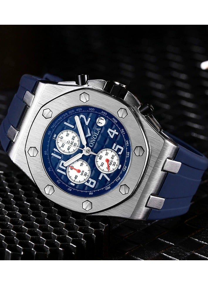 ONOLA ​​ONOLA Original Design Men's Sports Watch - Blue Dial with Octagonal Bezel, Triple Sub-Dial Chronograph, Rubber Strap, 30M Water Resistance, Modern Athletic Style for Daily & Casual Wear​​ - Image 3