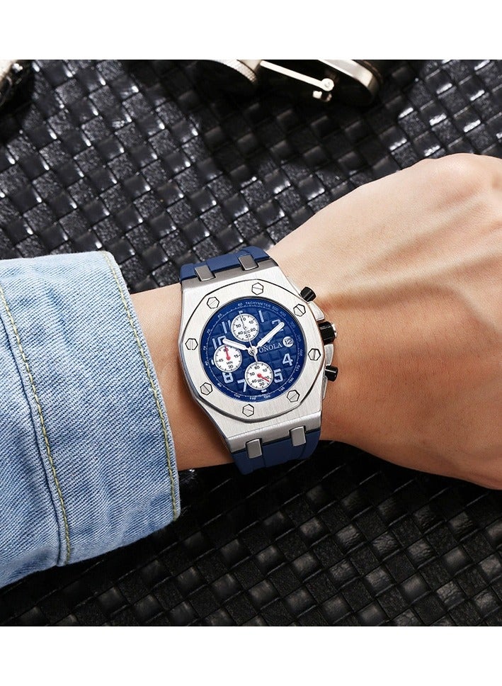 ONOLA ​​ONOLA Original Design Men's Sports Watch - Blue Dial with Octagonal Bezel, Triple Sub-Dial Chronograph, Rubber Strap, 30M Water Resistance, Modern Athletic Style for Daily & Casual Wear​​ - Image 4