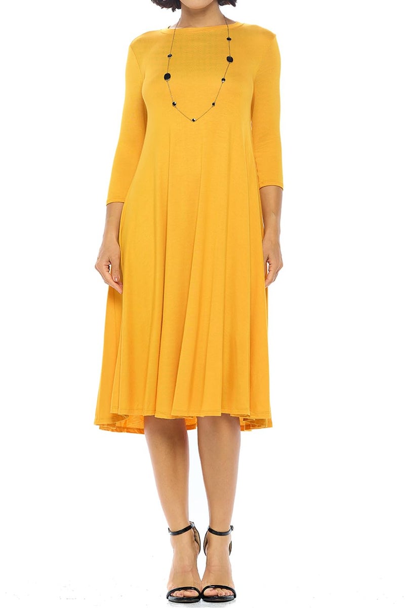 iconic luxe Women's Swing Midi Dress – 3/4 Sleeve Flowy A-Line Tunic – Soft, Stretchy, Comfortable, and Versatile Casual Dress for Everyday Wear Small Mustard - Image 2