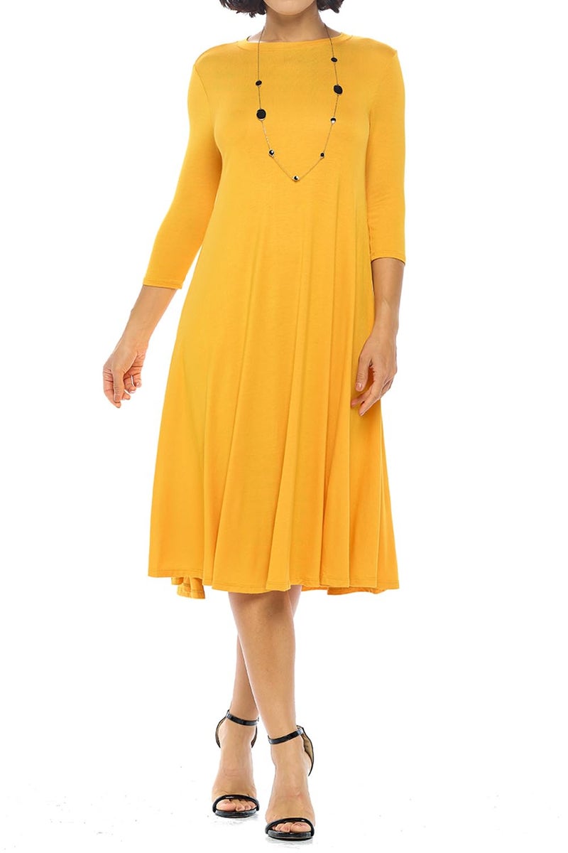 iconic luxe Women's Swing Midi Dress – 3/4 Sleeve Flowy A-Line Tunic – Soft, Stretchy, Comfortable, and Versatile Casual Dress for Everyday Wear Small Mustard - Image 3