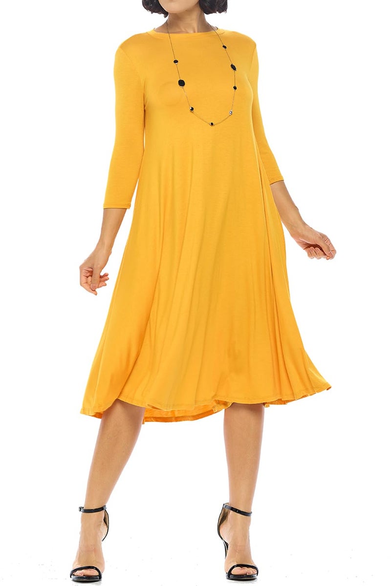 iconic luxe Women's Swing Midi Dress – 3/4 Sleeve Flowy A-Line Tunic – Soft, Stretchy, Comfortable, and Versatile Casual Dress for Everyday Wear Small Mustard - Image 1