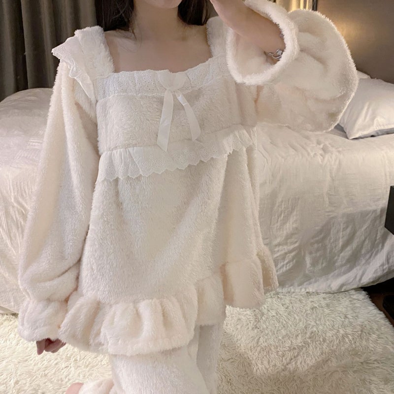 Milky White autumn and winter pajamas women's square collar long fur flannel nightdress thickened court style coral fleece home wear suit - Image 2