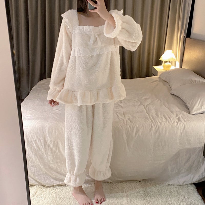 Milky White autumn and winter pajamas women's square collar long fur flannel nightdress thickened court style coral fleece home wear suit - Image 5