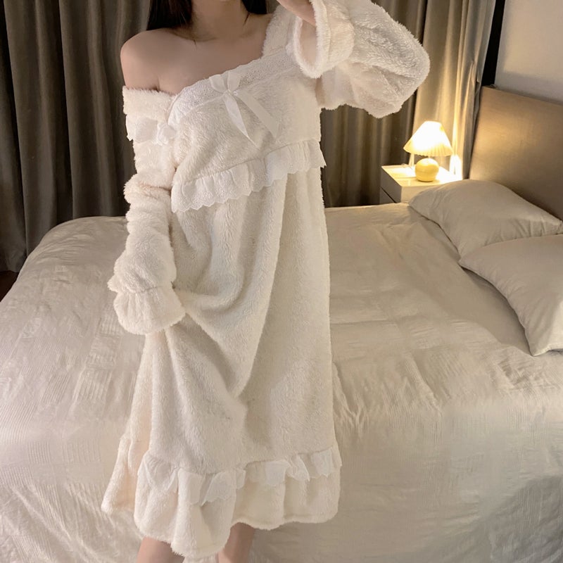Milky White autumn and winter pajamas women's square collar long fur flannel nightdress thickened court style coral fleece home wear suit - Image 3