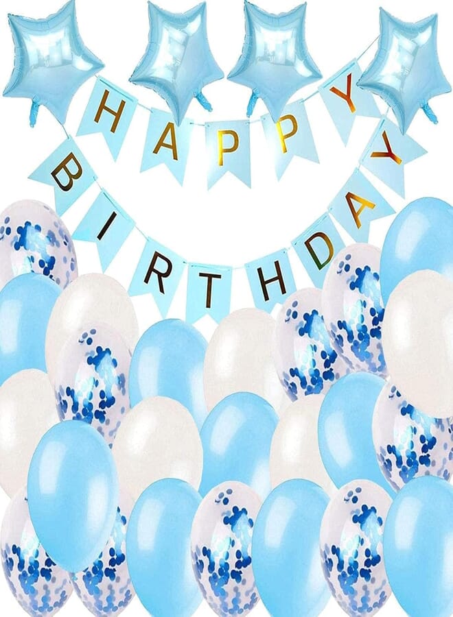 Secret Birthday Decoration Set Happy Birthday Banner White Blue Latex Balloons Confetti Balloons Blue Foil Star Balloons Women Men Kids Baby Party Supplies