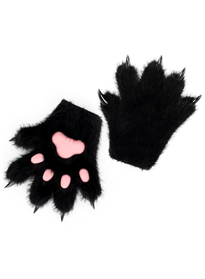 HAOAN Furry Fur Cat Wolf Fox Dog Fluffy Animal Paws Claws Gloves Mittens Hands Costume Cosplay Halloween Christmas for Kids, Black, M - Image 1