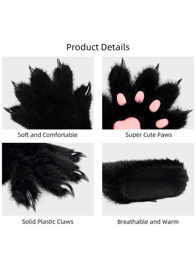 HAOAN Furry Fur Cat Wolf Fox Dog Fluffy Animal Paws Claws Gloves Mittens Hands Costume Cosplay Halloween Christmas for Kids, Black, M - Image 5