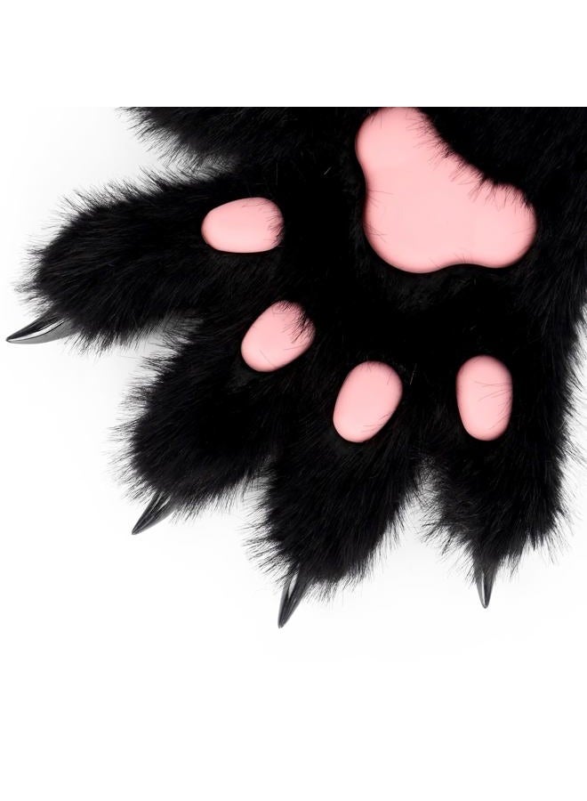 HAOAN Furry Fur Cat Wolf Fox Dog Fluffy Animal Paws Claws Gloves Mittens Hands Costume Cosplay Halloween Christmas for Kids, Black, M - Image 4