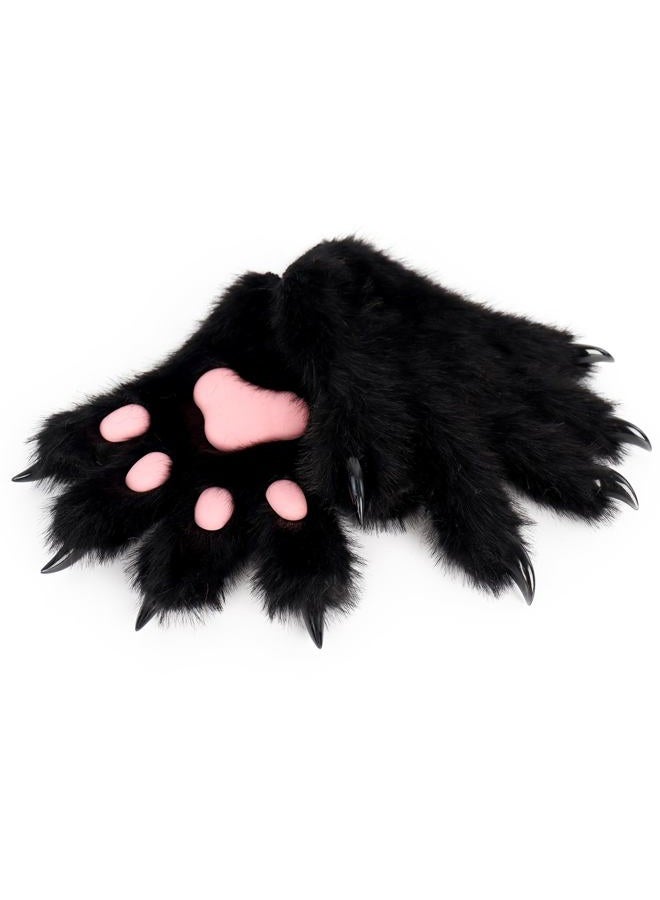HAOAN Furry Fur Cat Wolf Fox Dog Fluffy Animal Paws Claws Gloves Mittens Hands Costume Cosplay Halloween Christmas for Kids, Black, M - Image 2