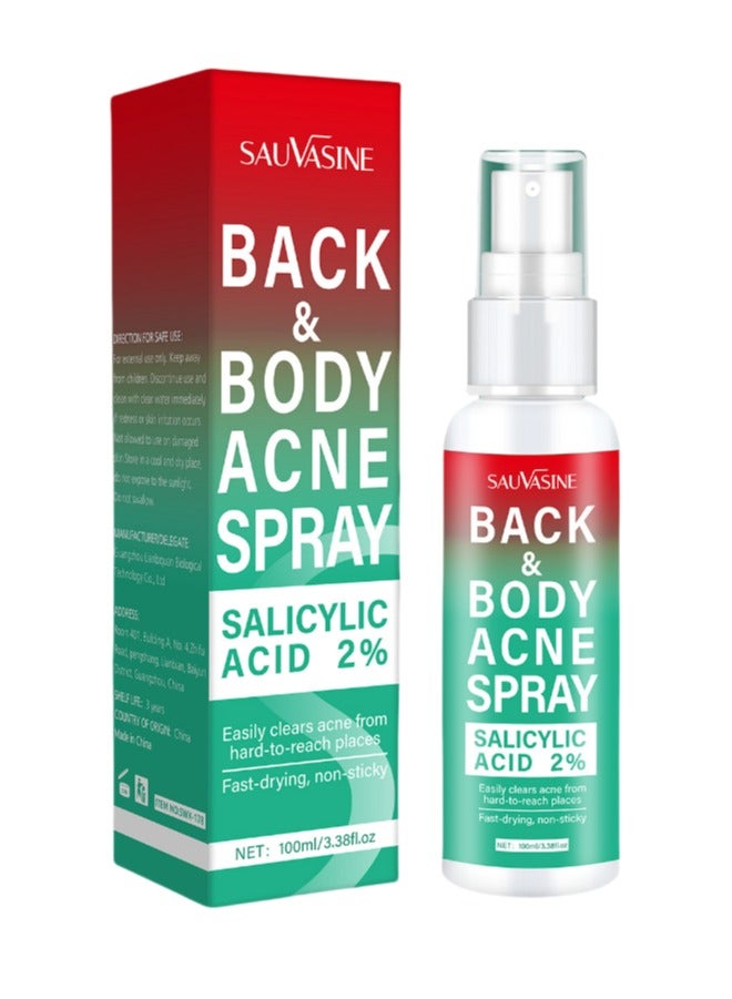 SAUVASINE Back & Body Acne Treatment Spray, Gentle Oil Control for Acne, Redness Relief, Smooth Skin, Cleans Pores, Moisturizes, Quick Dry Formula for All Skin Types (100ml) - Image 1