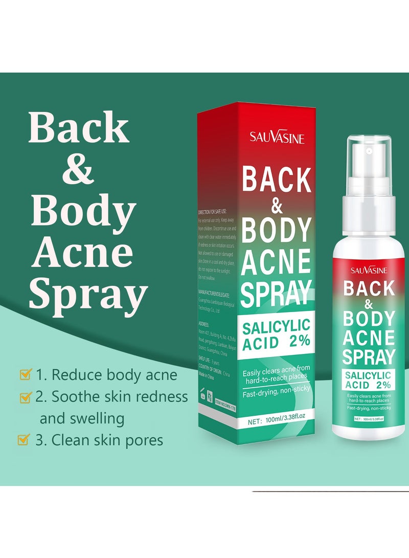 SAUVASINE Back & Body Acne Treatment Spray, Gentle Oil Control for Acne, Redness Relief, Smooth Skin, Cleans Pores, Moisturizes, Quick Dry Formula for All Skin Types (100ml) - Image 2