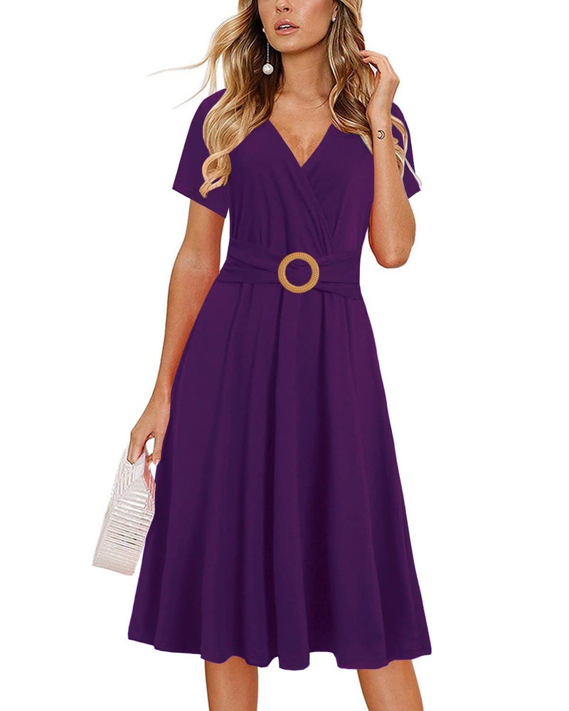 HELYO Vintage Dresses for Women Petite Elegant Criss-Cross V Neck Short Sleeve Casual Tea Fit and Flare Work Dress with Pockets 980 Purple M - Image 1